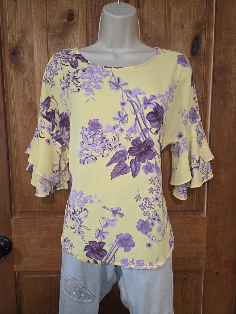 Liz Claiborne Yellow Blouse with Purple Floral Print